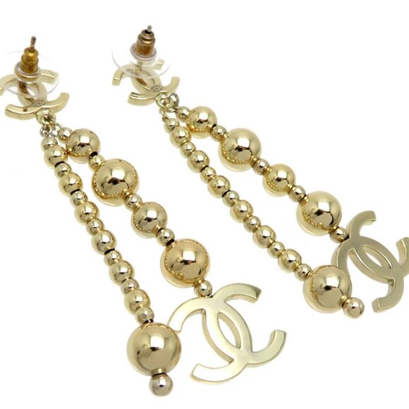 CHANEL CC Logos Bead Ball Dangle Stud Earrings Gold Tone B21S Auth D-dh829 - Picture 3 of 5